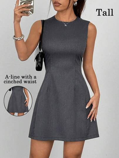 SHEIN Tall 女士新款无袖圆领A字短款灰色连衣裙，时尚优雅简约休闲风，春夏款