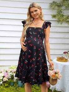 SHEIN 樱桃印花荷叶边下摆孕妇连衣裙，饰有褶裥细节，适合日常穿着、约会、度假和海滩度假。 - 彩色 - 查看 4