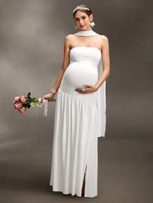 Cheriluna Maternity Robe de maternité longue fendue fluide sans bretelles de couleur unie pour séance photo - Blanc - Voir 4