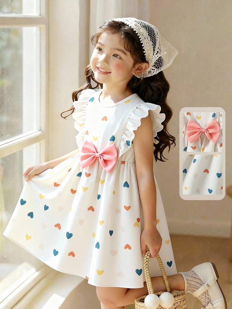 SHEIN Vintaside Kids Young Girl Heart Print Ruffle Hem Bow Accent Summer Dress - Apricot - View 1