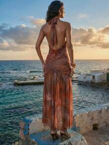 Nevyona Mẫu đầm maxi gợi cảm tối giản bán chạy nhất mùa xuân/hè, thích hợp cho các lễ hội âm nhạc, tiệc tùng, đi biển, kỳ nghỉ, in họa tiết tie-dye, viền bèo nhún, cổ chữ V sâu, xếp ly, ôm sát, tôn dáng cho phái nữ. - màu nâu - Xem 2