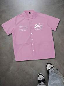 Manfinity Hypemode Men's Casual Short Sleeve Shirt,Light Pink,Summer,Graphic,Streetwear,City Break,Loose Box Silhouette,Pocket Design,Versatile,Commuting,Holiday Gift - Mauve Purple - View 3