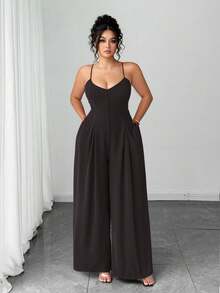 Elenzga Bộ jumpsuit nữ cỡ lớn thanh lịch, trang nhã cho mùa xuân/hè với dây cài nút, eo xếp ly, ống rộng và quần dài. - màu nâu - Xem 4