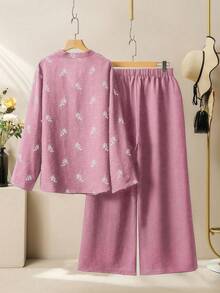 Lacomfia Bộ đồ nữ gồm áo hoa nhí và quần ống rộng, trang phục hai mảnh tối giản thường ngày, cỡ lớn. - Hồng - Xem 2