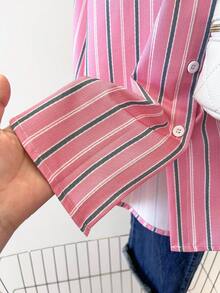 INAWLY Women's Striped Long Sleeve Single-Breasted Casual Shirt - Hot Pink - View 5