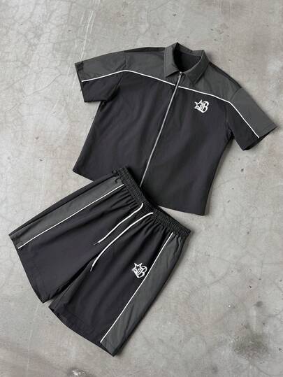 PAVTROS Street Style Black & Grey Patchwork, Metal Zipper, Gothic Letter Print Short Sleeve Shirt & Shorts Set For Men
