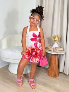 SHEIN Young Girls White Floral Print Halter Neck Casual Dress,Summer Matching Family Vacation Outfit,Fashionable Versatile For Party,Sister Photo Shoot - Multicolor - View 1