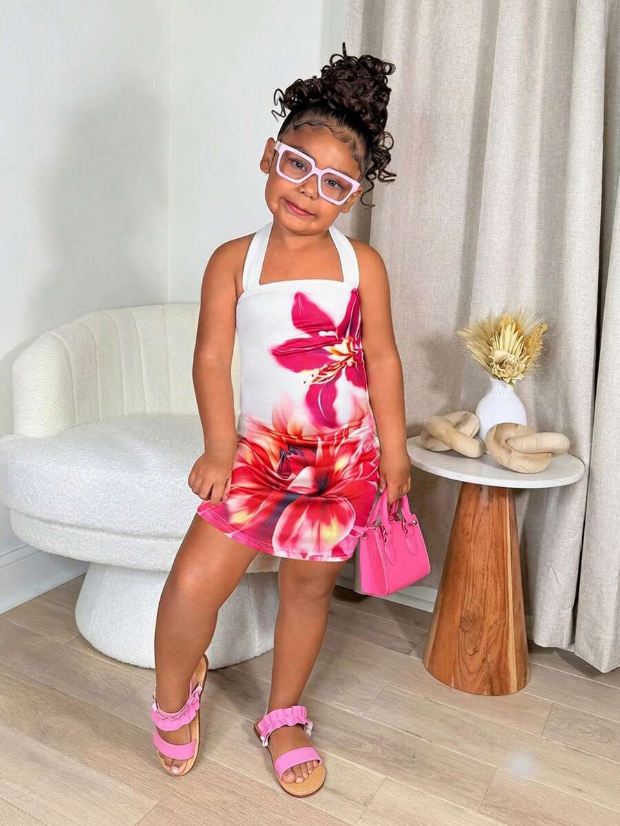 SHEIN Young Girls White Floral Print Halter Neck Casual Dress,Summer Matching Family Vacation Outfit,Fashionable Versatile For Party,Sister Photo Shoot - Multicolor - View 1