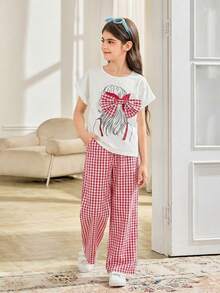 SHEIN Tween Girl Red And White Plaid Summer Cute Family Matching Outfit,Portrait Print Bow Decor Loose T-Shirt And Wide Leg Pants 2 Pieces Set For Vacation - Red - View 5