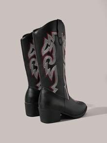 Styleloop Women's Mid-Calf Boots, Black, Bohemian Style, Retro American, Boho, Western Boots, Coachella Music Festival, Party Outfit - black and white color matching - View 5