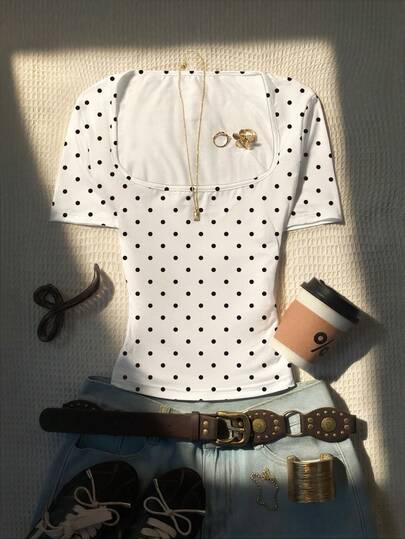 Glimmora Áo thun ngắn tay cổ vuông phong cách retro tối giản mùa hè, phù hợp mặc hàng ngày, đi học và đi làm. Đơn giản và đa năng, phong cách retro những năm 2000.