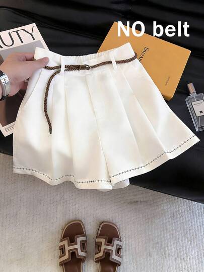 Franclia Women's Fashionable Elegant Solid Color High Waist A-Line Shorts, High Waist Wide Leg Shorts, Women's White Shorts, Elegant Shorts With Pockets, Casual Commuter Versatile Beach Vacation Minimalist Wide Leg Pants