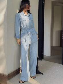 DAZY Women's Long Sleeve Single-Breasted Jacket And Wide-Leg Jeans Casual Suit Summer - Blue - View 3