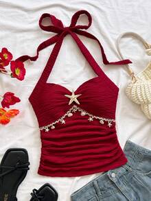 Soleia 女士度假露背吊带背心，饰有海星贝壳图案荷叶边V领和金属扣，白色针织纹理修身背心，性感修身时尚上衣，适合派对、约会、邮轮旅行、海滩度假、音乐节、波西米亚风度假等场合。 - 酒紅色 - 查看 4