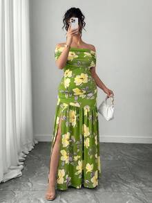 SHEIN Clasi 大码露肩优雅精致连衣裙，时尚高端精准派对/假日/婚礼优雅开衩显瘦设计 - 彩色 - 查看 6