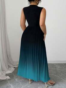 Elenzga Sleeveless High Neck Pleated Ombre Floral Print Plus Size Dress - Cadet Blue - View 2