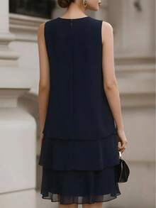 Velvienne Vestido elegante sin mangas con dobladillo de gasa transparente y multicapa para mujer de talla grande - Azul marino - Ver 2