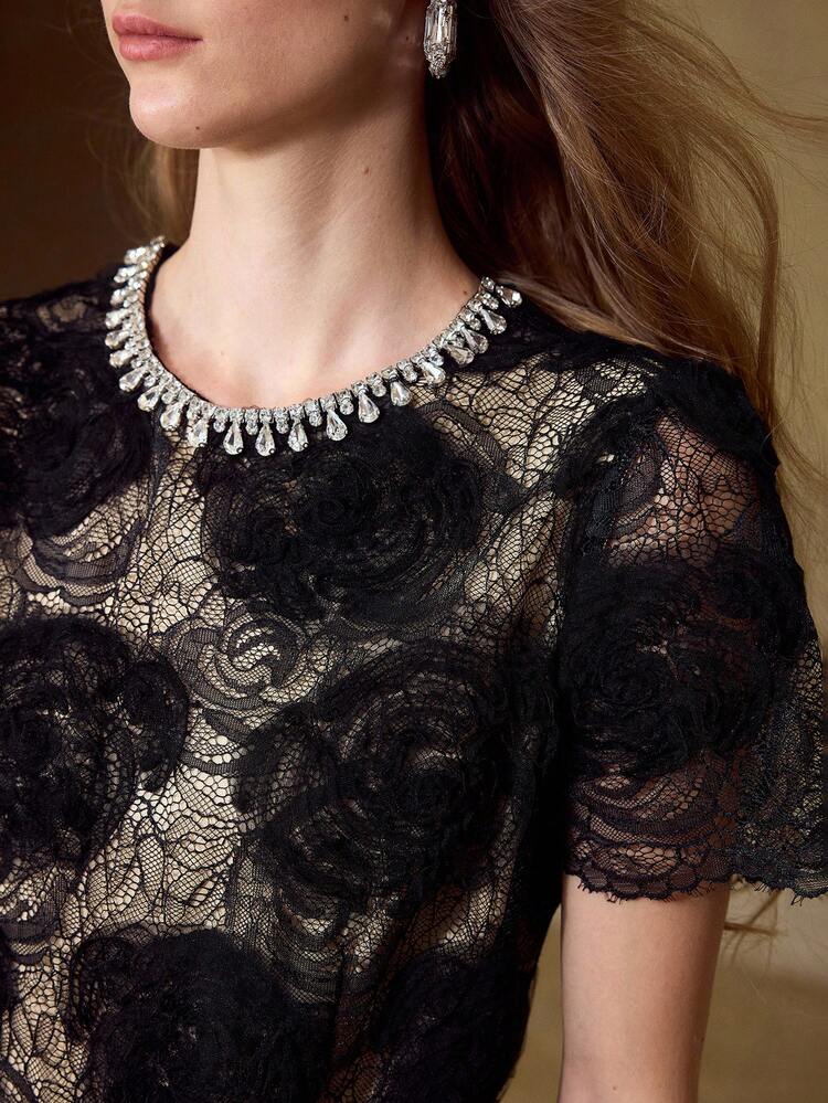 FLORAL LACE OVERLAY SHORT SLEEVE DRESS WITH BELT