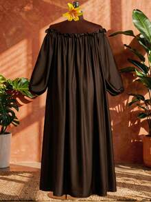 SHEIN CURVE+ Curve 尺码 US22 音乐节、海滨度假、波西米亚风女士露肩褶皱休闲度假派对长袖连衣裙 - 棕色 - 查看 3