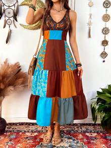 Đầm nữ phong cách Bohemian cổ điển in họa tiết ghép mảnh, thích hợp cho kỳ nghỉ. - Nhiều màu - Xem 5