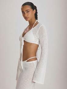 Musera Resort Knit Flared Sleeve Tie Front Cropped Cover Up Top Swim Vacation Holiday Summer Travel Beachwear Basics Solid Colour Resort Core - White - View 3