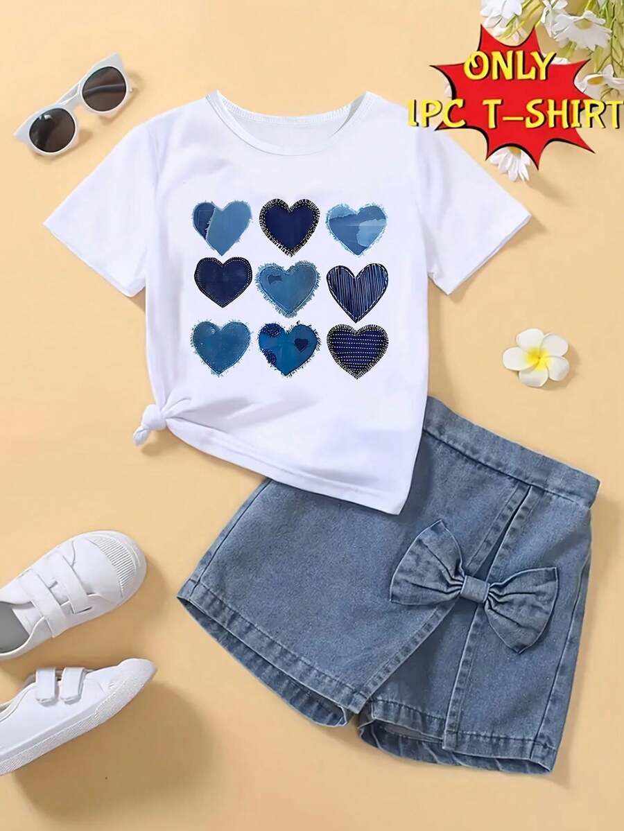 Girls Casual Fashionable Creative Cute Minimalist Tic-Tac-Toe Heart Pattern Print Basic White Short T-Shirt, Comfortable Daily & Tops, Summer - White - View 1