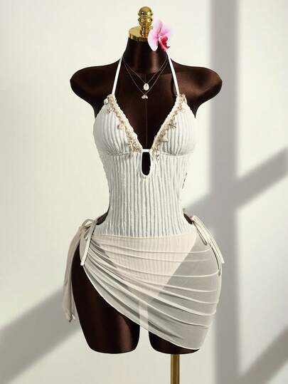 Swim Vcay 女士性感深V领连体泳衣，带网纱裙摆，个性化星星贝壳装饰，适合海滩、泳池、休闲派对、度假、春夏穿着