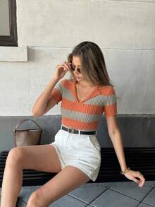 Pariaura Contrast Stripe Polo Collar Knit Top, French Street Style Short Sleeve Blouse For Summer - Burnt Orange - View 5
