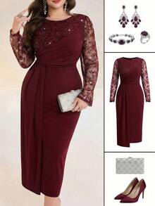 Modelyn Plus Size Elegant Party Formal Formal Formal Wedding Sequin Lace Patchwork Dress Burgundy Autumn Fall - Burgundy - View 3