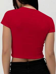 INAWLY Solva Áo thun nữ tay ngắn cổ tròn màu trơn, dáng ôm, phong cách thường ngày - Đỏ - Xem 4