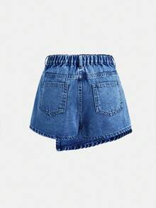 SHEIN Tween Girl Summer Boho Stonewashed Asymmetrical Hem Wrapped Denim Mini Skort - Medium Wash - View 2
