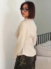 IamThia 女士休闲亚麻收腰长袖翻领薄款西装外套，杏色，秋冬 - 杏色 - 查看 6