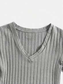 SHEIN EZwear 浅灰色V领短袖罗纹休闲连体衣，适合大码女性 - 淺灰色 - 查看 3