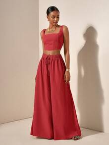 Zivah Setelan 2 Potong Wanita Musim Panas Elegan Warna Merah, Atasan Crop Bertali Motif Tulang Ikan Bertekstur dan Celana Panjang Lebar dengan Saku, Pakaian Santai Musim Semi Musim Panas untuk Berlayar - Rose Red - View 9