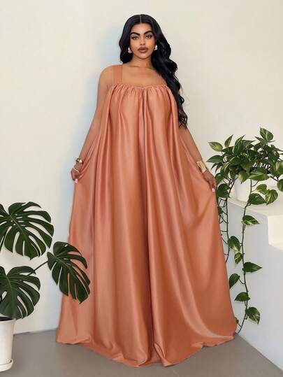 Maweii فستان سليب ماكسي أنيق للسيدات البدينات، تصميم فرنسي راقي، مصنوع من الساتان بظهر مكشوف، فضفاض وعصري، مناسب للعطلات والعمل