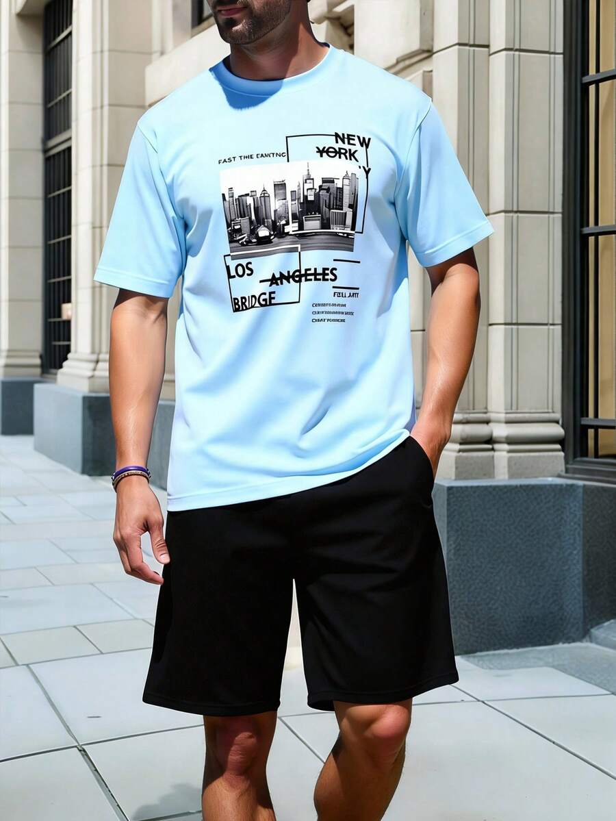 Manfinity Homme Men's Casual Letter Print Round Neck Short Sleeve Loungewear Top - Baby Blue - View 1