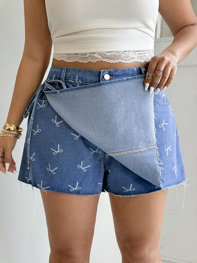 GalTyme 大码蝴蝶结印花系带牛仔短裤