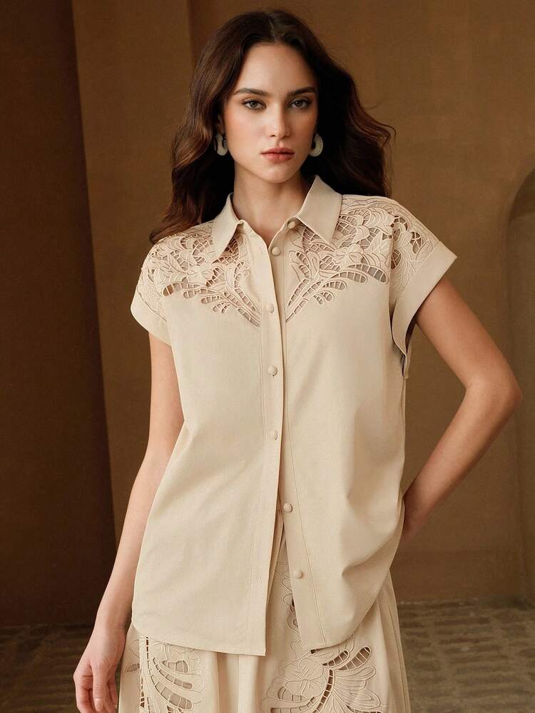 Spring/Summer New Arrival French Retro Khaki Shirt, Lapel Short Sleeve Embroidered Hollow Out Single-Breasted Blouse For Women