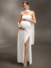 Cheriluna Maternity Robe de maternité longue fendue fluide sans bretelles de couleur unie pour séance photo - Blanc - Voir 6