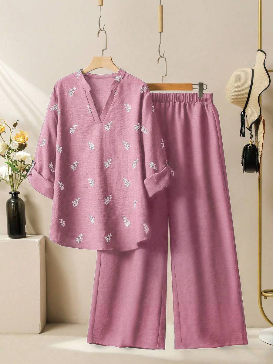 Lacomfia Bộ đồ nữ gồm áo hoa nhí và quần ống rộng, trang phục hai mảnh tối giản thường ngày, cỡ lớn. - Hồng - Xem 1