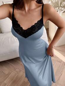 SHEIN 蕾丝边柔软舒适女士无袖长款睡裙 - 藍色 - 查看 4