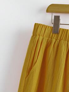 SHEIN LUNE CURVE Plus Size Women Solid Color Elastic Waist Casual Harem Pants - Yellow - View 3