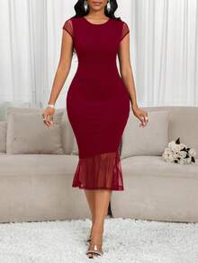 SHEIN Lady Đầm suông cổ tròn phối lưới vá viền loe màu trơn thanh lịch dành cho nữ - Màu Đỏ Sâu - Xem 1