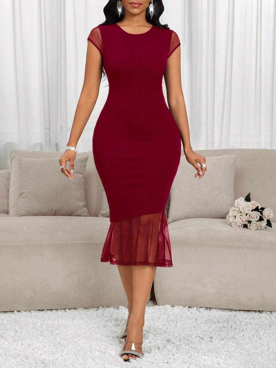 SHEIN Lady Đầm suông cổ tròn phối lưới vá viền loe màu trơn thanh lịch dành cho nữ - Màu Đỏ Sâu - Xem 1