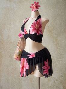 SHEIN ICON 大码女装 Y2K 度假风外出印花露脐吊带上衣和低腰印花迷你裙套装，夏威夷伊比沙岛穿搭 - 黑色 - 查看 5