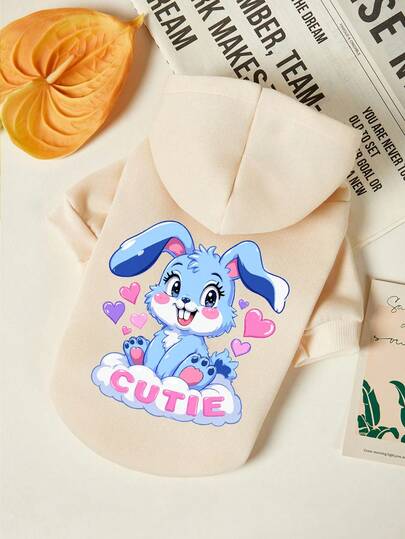 PETSIN 1 chiếc áo hoodie cho thú cưng in hình thỏ tình yêu màu xanh dương, màu be, dày dặn, ấm áp, thân thiện với da.