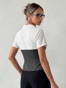 Ritzy Row Áo sơ mi tay ngắn Raffinéa thời trang kẻ sọc phối màu trơn dành cho nữ, thích hợp đi làm. - Xám - Xem 2