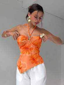 Aloruh Áo hai dây kiểu dáng mùa hè dành cho nữ, màu cam, họa tiết hoa dâm bụt Hawaii, vạt áo bất đối xứng, kiểu dáng thời trang, cổ yếm, áo kiểu đi nghỉ mát, áo màu cam. - trái cam - Xem 5