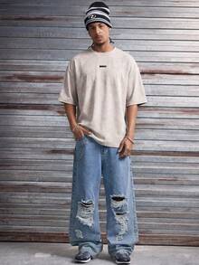 AXEPEAK 男士休闲字母刺绣T恤，夏季款 - 灰色 - 查看 5