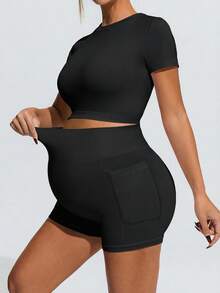 SHEIN Pregnant Women's Solid Color Round Neck Cropped Sports Short Sleeve T-Shirt And Shorts Set, Summer,Word Cup - Black - View 7